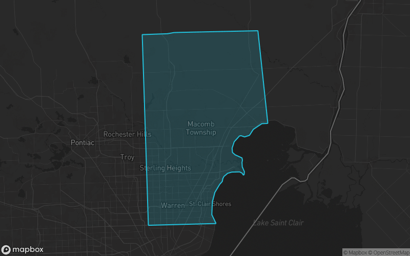 Map of Macomb County, Michigan showing the county boundary and surrounding cities