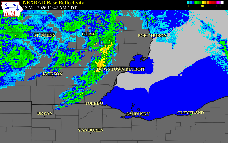 NEXRAD radar during the Friday, March 13, 2026 storm activity in Macomb County, Michigan
