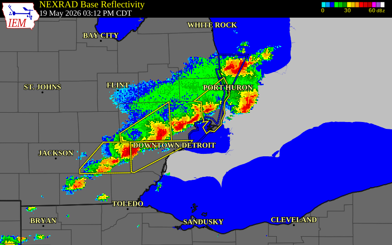 NEXRAD radar during the Tuesday, May 19, 2026 storm activity in Macomb County, Michigan