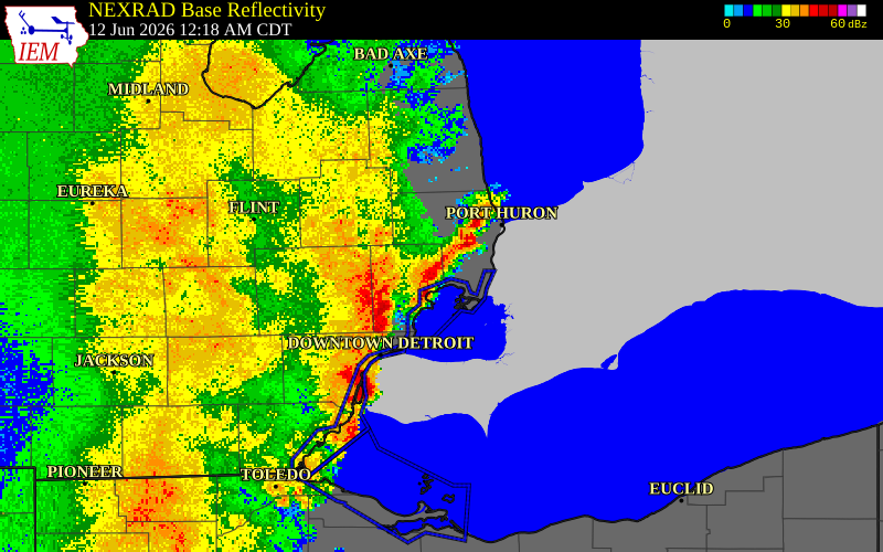 NEXRAD radar during the Friday, June 12, 2026 storm activity in Macomb County, Michigan