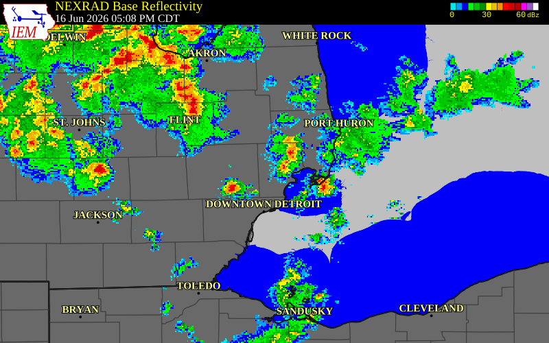 NEXRAD radar during the Tuesday, June 16, 2026 storm activity in Macomb County, Michigan