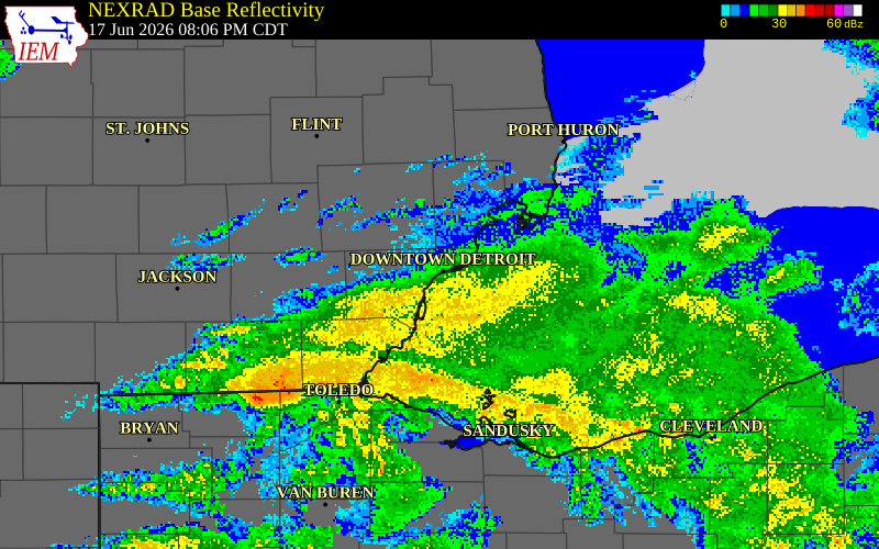 NEXRAD radar during the Wednesday, June 17, 2026 storm activity in Macomb County, Michigan