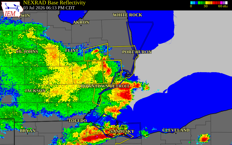 NEXRAD radar during the Friday, July 3, 2026 storm activity in Macomb County, Michigan