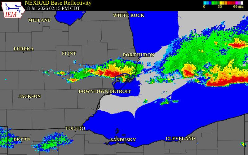 NEXRAD radar during the Saturday, July 18, 2026 storm activity in Macomb County, Michigan