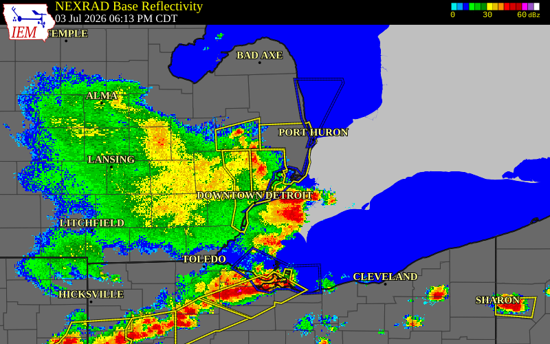 Radar snapshot during the Jul 3, 2026 wind event near Chesterfield, Macomb County, Michigan, with NWS warning polygons