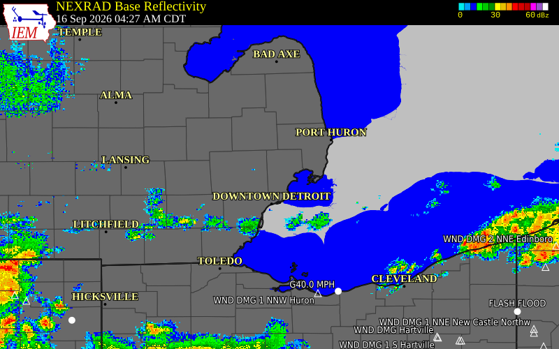 Current NEXRAD radar over Macomb County, Michigan with recent storm report locations