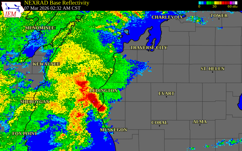 NEXRAD radar during the Saturday, March 7, 2026 storm activity in Manistee County, Michigan