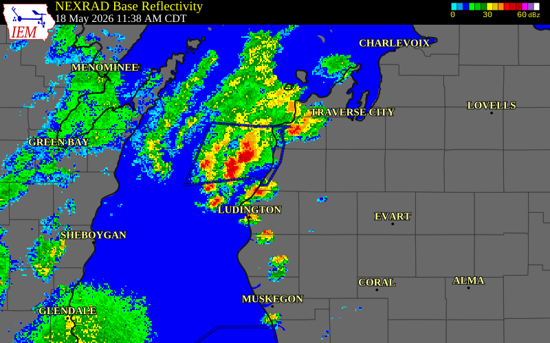 NEXRAD radar during the Monday, May 18, 2026 storm activity in Manistee County, Michigan