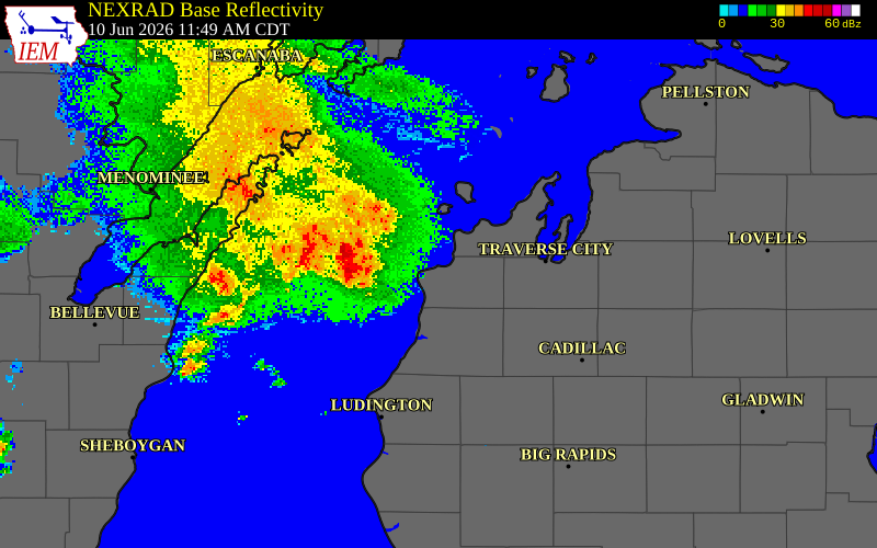 NEXRAD radar during the Wednesday, June 10, 2026 storm activity in Manistee County, Michigan