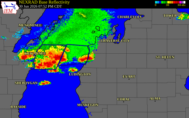 NEXRAD radar during the Tuesday, June 30, 2026 storm activity in Manistee County, Michigan