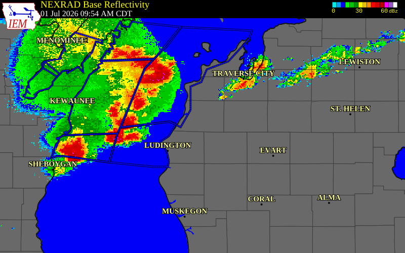 NEXRAD radar during the Wednesday, July 1, 2026 storm activity in Manistee County, Michigan