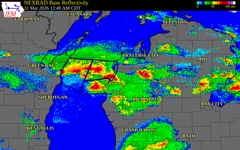 Radar snapshot during the Mar 31, 2026 hail event near Manistee County, Manistee County, Michigan, with NWS warning polygons