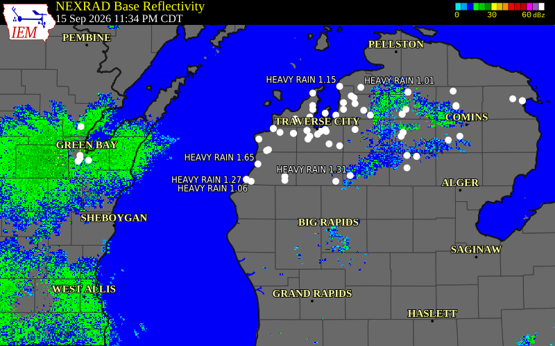 Current NEXRAD radar over Manistee County, Michigan with recent storm report locations