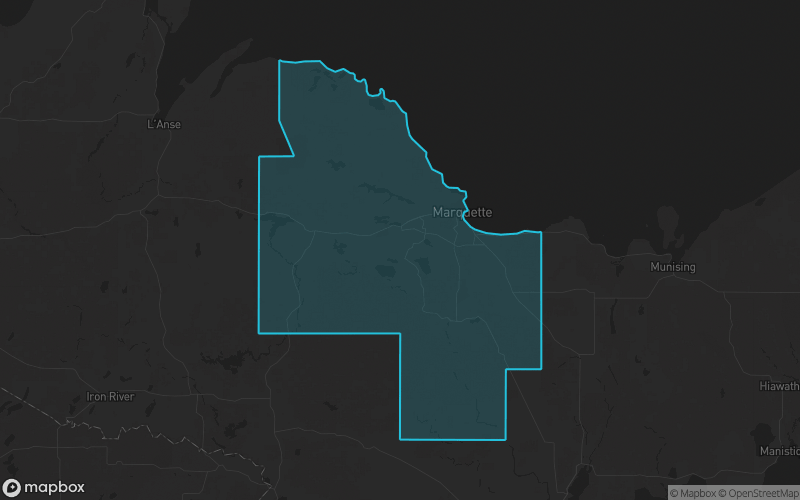 Map of Marquette County, Michigan showing the county boundary and surrounding cities