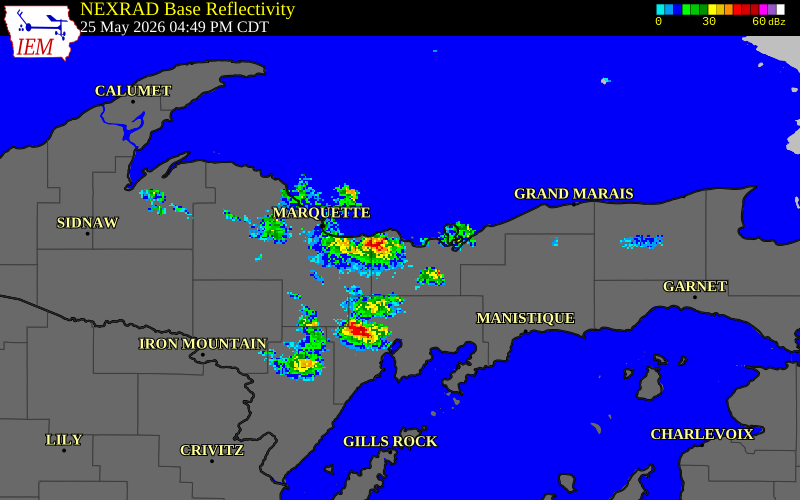 NEXRAD radar during the Monday, May 25, 2026 storm activity in Marquette County, Michigan