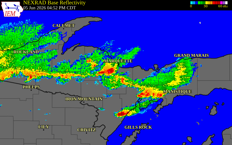NEXRAD radar during the Friday, June 5, 2026 storm activity in Marquette County, Michigan