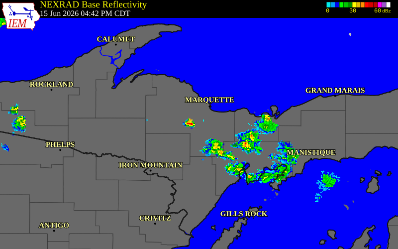 NEXRAD radar during the Monday, June 15, 2026 storm activity in Marquette County, Michigan