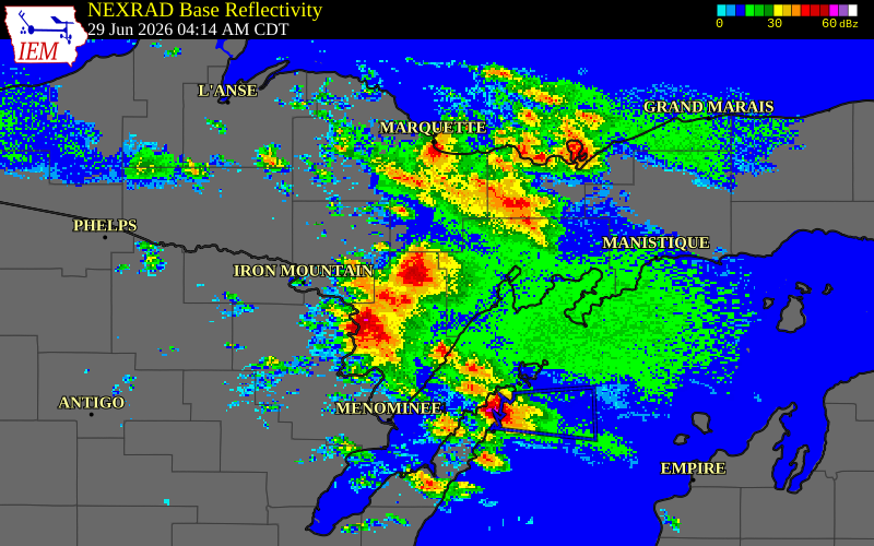 NEXRAD radar during the Monday, June 29, 2026 storm activity in Marquette County, Michigan