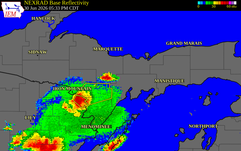 NEXRAD radar during the Tuesday, June 30, 2026 storm activity in Marquette County, Michigan