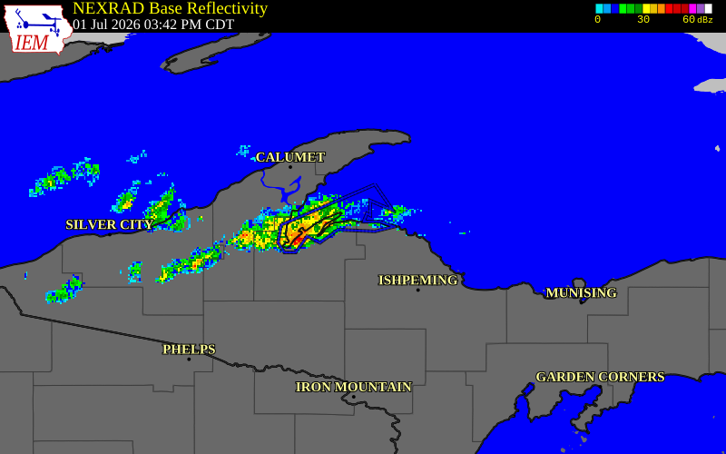 NEXRAD radar during the Wednesday, July 1, 2026 storm activity in Marquette County, Michigan