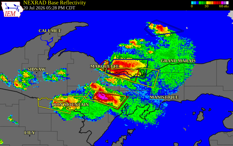 NEXRAD radar during the Monday, July 20, 2026 storm activity in Marquette County, Michigan
