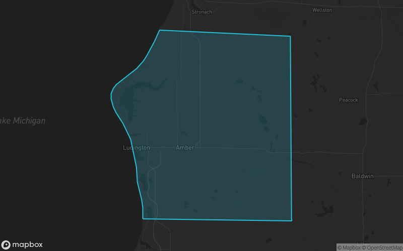 Map of Mason County, Michigan showing the county boundary and surrounding cities