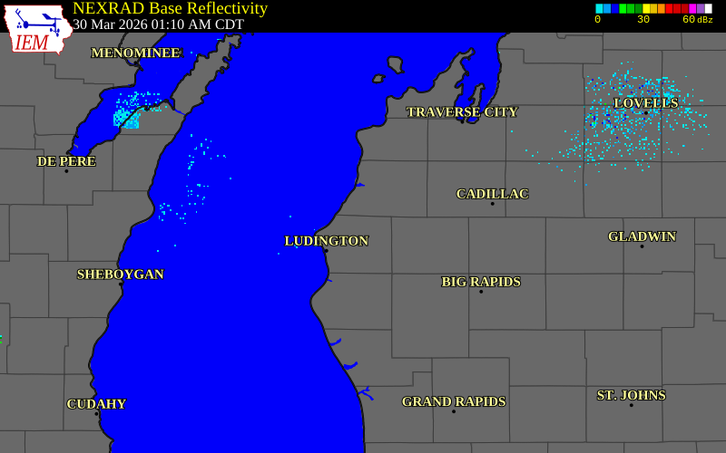 NEXRAD radar during the Monday, March 30, 2026 storm activity in Mason County, Michigan