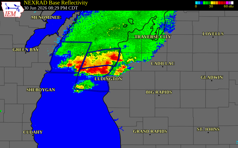 NEXRAD radar during the Tuesday, June 30, 2026 storm activity in Mason County, Michigan