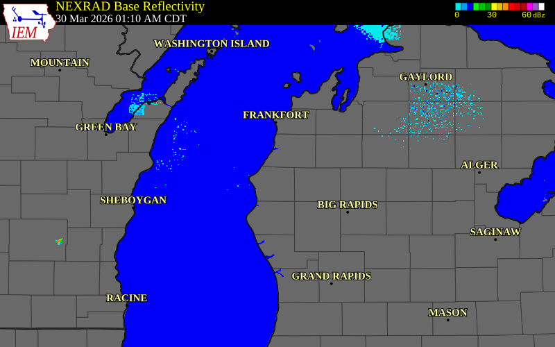 Radar snapshot during the Mar 30, 2026 hail event near Freesoil, Mason County, Michigan, with NWS warning polygons