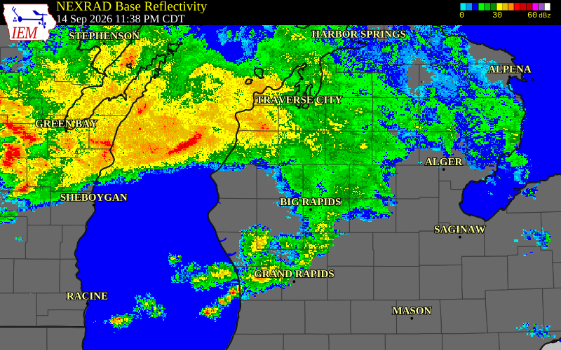 Current NEXRAD radar over Mason County, Michigan with recent storm report locations