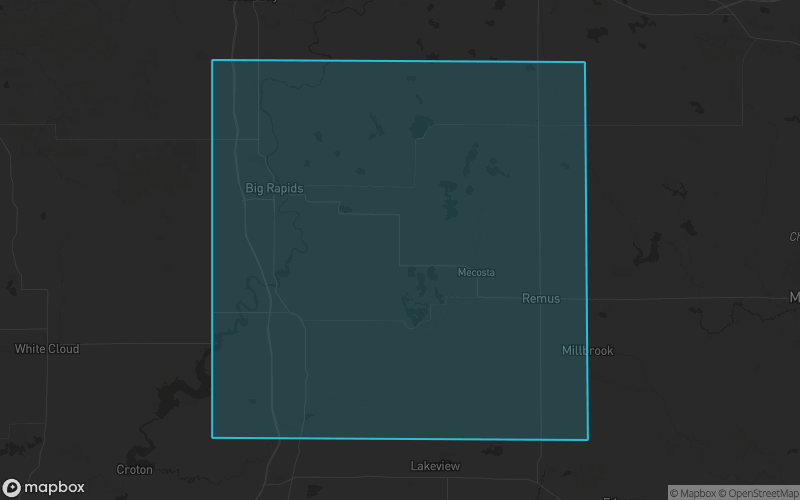 Map of Mecosta County, Michigan showing the county boundary and surrounding cities