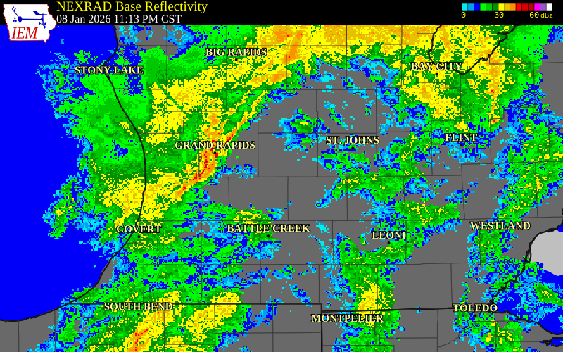 NEXRAD radar during the Friday, January 9, 2026 storm activity in Mecosta County, Michigan