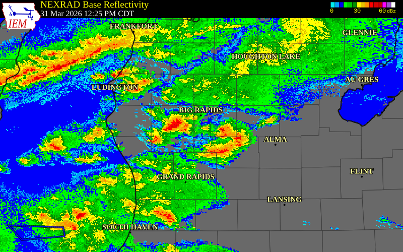NEXRAD radar during the Tuesday, March 31, 2026 storm activity in Mecosta County, Michigan