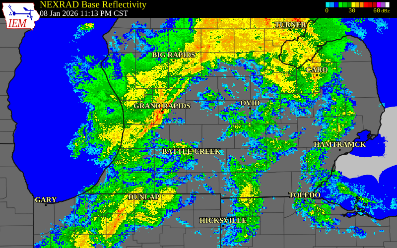 Radar snapshot during the Jan 9, 2026 wind event near Mecosta County, Mecosta County, Michigan, with NWS warning polygons