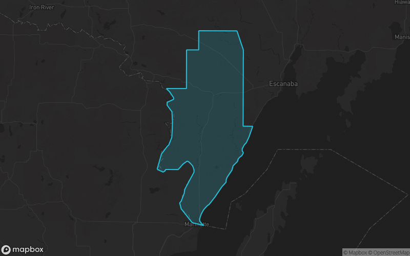 Map of Menominee County, Michigan showing the county boundary and surrounding cities