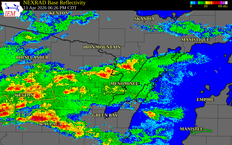 NEXRAD radar during the Monday, April 13, 2026 storm activity in Menominee County, Michigan