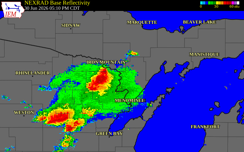 NEXRAD radar during the Tuesday, June 30, 2026 storm activity in Menominee County, Michigan