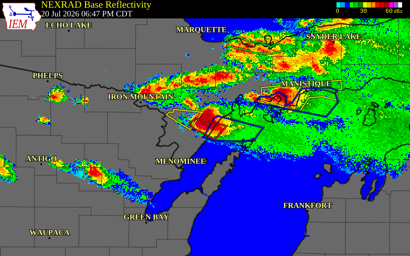 NEXRAD radar during the Monday, July 20, 2026 storm activity in Menominee County, Michigan