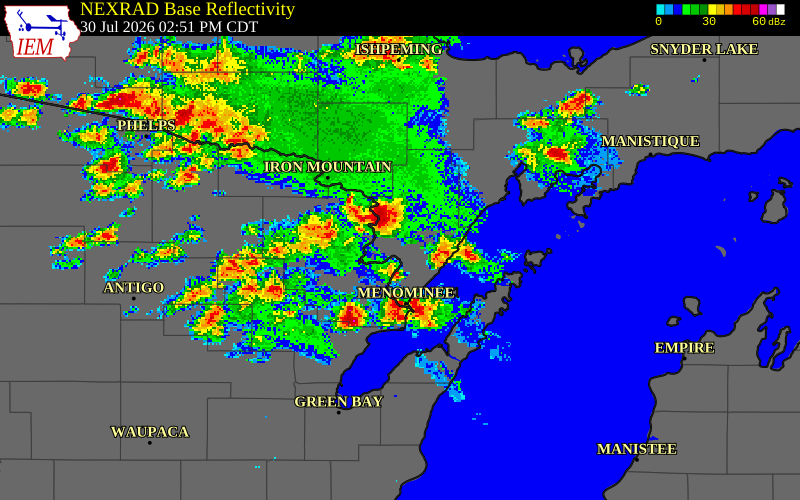 NEXRAD radar during the Thursday, July 30, 2026 storm activity in Menominee County, Michigan