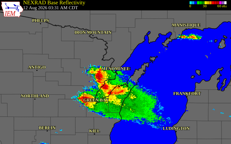 NEXRAD radar during the Wednesday, August 12, 2026 storm activity in Menominee County, Michigan