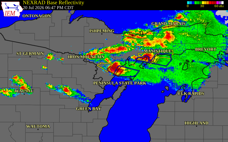 Radar snapshot during the Jul 20, 2026 tornado event near 4 SE Gourley, Menominee County, Michigan, with NWS warning polygons