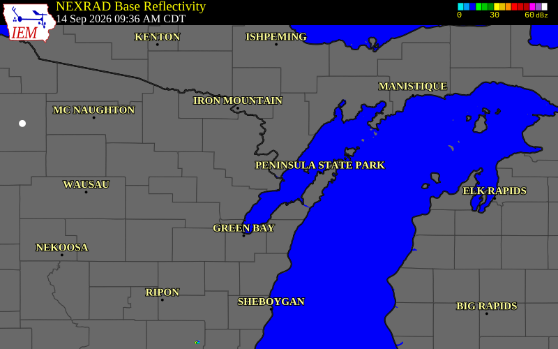 Current NEXRAD radar over Menominee County, Michigan with recent storm report locations