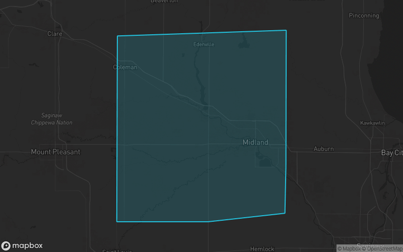 Map of Midland County, Michigan showing the county boundary and surrounding cities