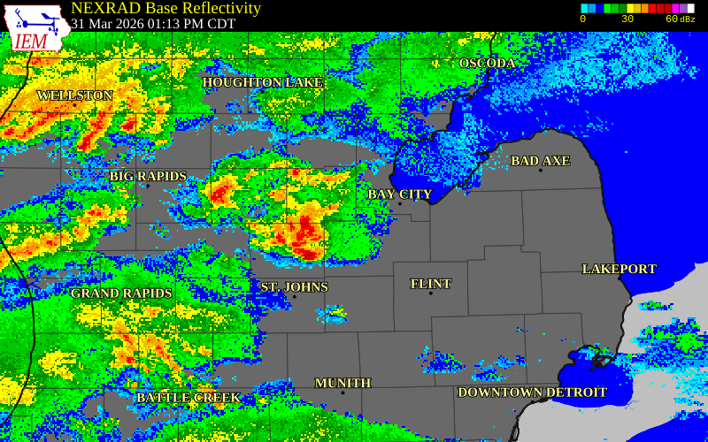 NEXRAD radar during the Tuesday, March 31, 2026 storm activity in Midland County, Michigan