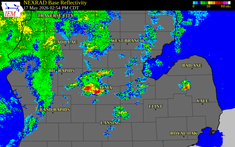 NEXRAD radar during the Sunday, May 17, 2026 storm activity in Midland County, Michigan