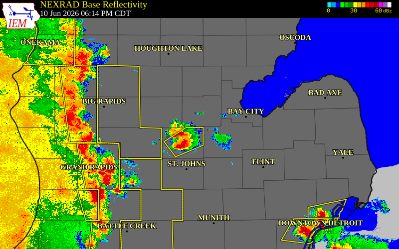NEXRAD radar during the Wednesday, June 10, 2026 storm activity in Midland County, Michigan