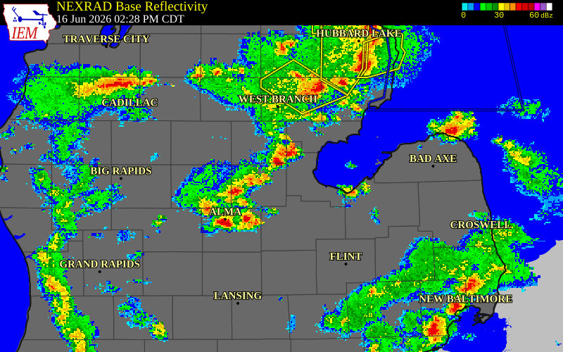 NEXRAD radar during the Tuesday, June 16, 2026 storm activity in Midland County, Michigan