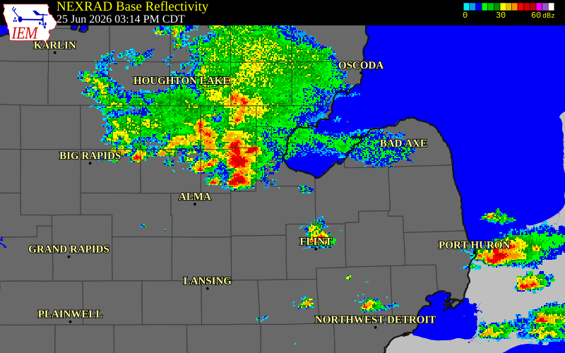 NEXRAD radar during the Thursday, June 25, 2026 storm activity in Midland County, Michigan