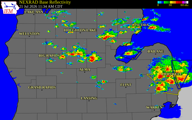 NEXRAD radar during the Tuesday, July 21, 2026 storm activity in Midland County, Michigan