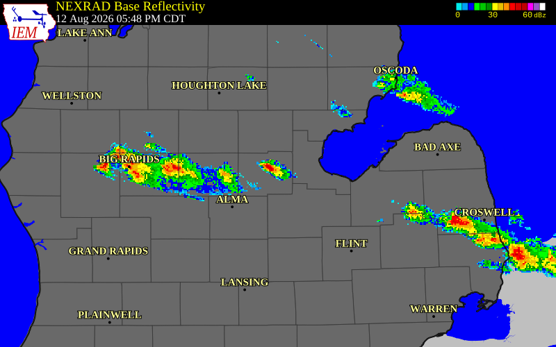 NEXRAD radar during the Wednesday, August 12, 2026 storm activity in Midland County, Michigan